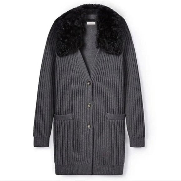Tory Burch Knit Wool Cardigan Coat w/ Removable Collar in Gray - Sz S
